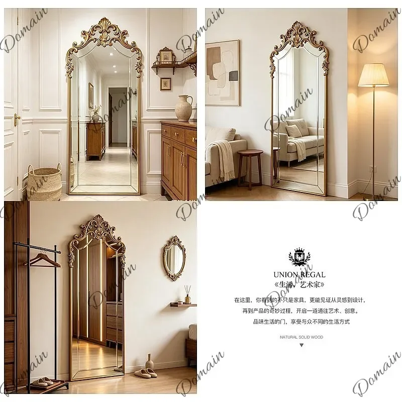 BJ French Full Length Mirror, Vintage Carved Arched Floor Mirror For Bedroom, Decorative Wall Mounted Dressing Mirror