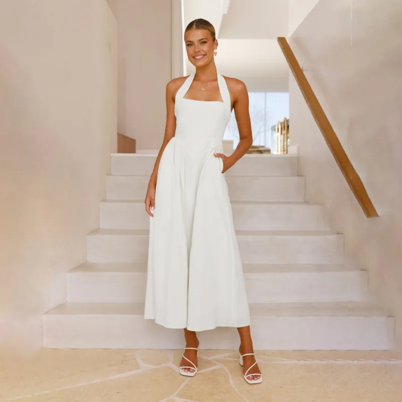 European and American Women's Clothing 2025 New Temperament Solid Color Square Collar Waist Halter Neck Backless Dress