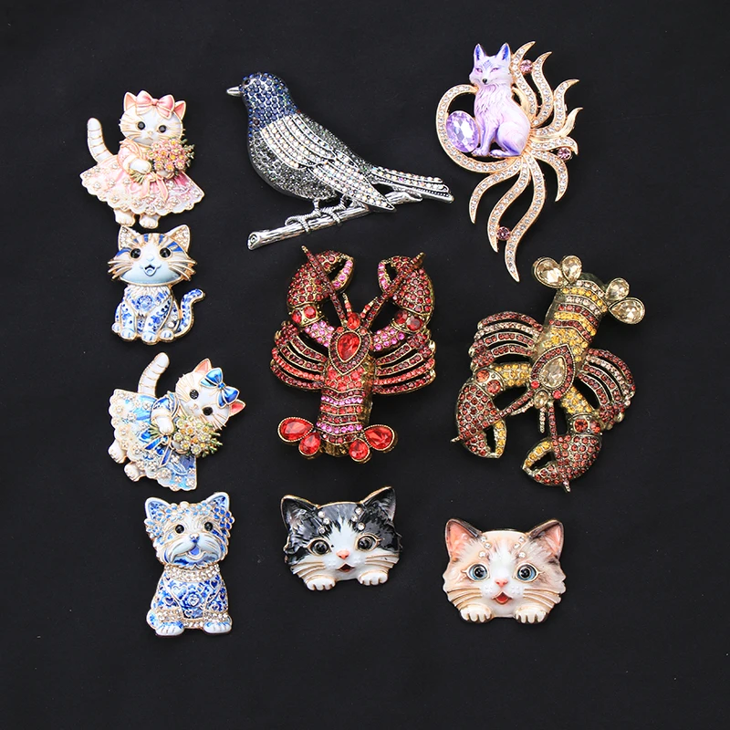 Fashion Animal Enamel Rhinestone Brooches Cat Lobster Bird Fox Lapel Pins Women Jewelry