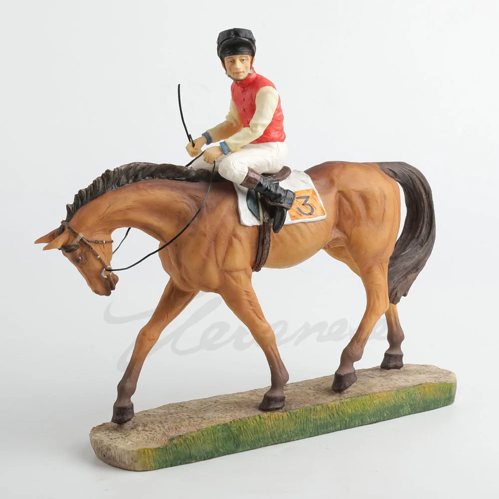 Vintage Resin Jockey on Galloping Horse Statue Realistic Equestrian Craft Tabletop Ornament  Home & Office Decoration Gift