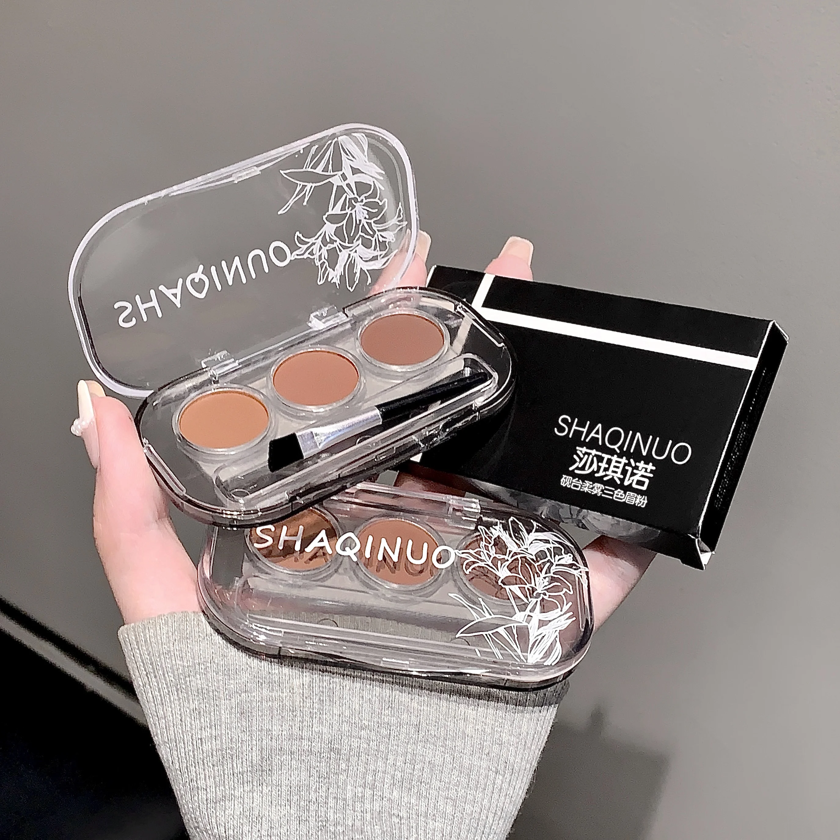 SHAQINUO Pó de sobrancelha de 3 cores, à prova d'água, à prova de suor, de longa duração com pincel incluído, à prova de manchas e acabamento natural