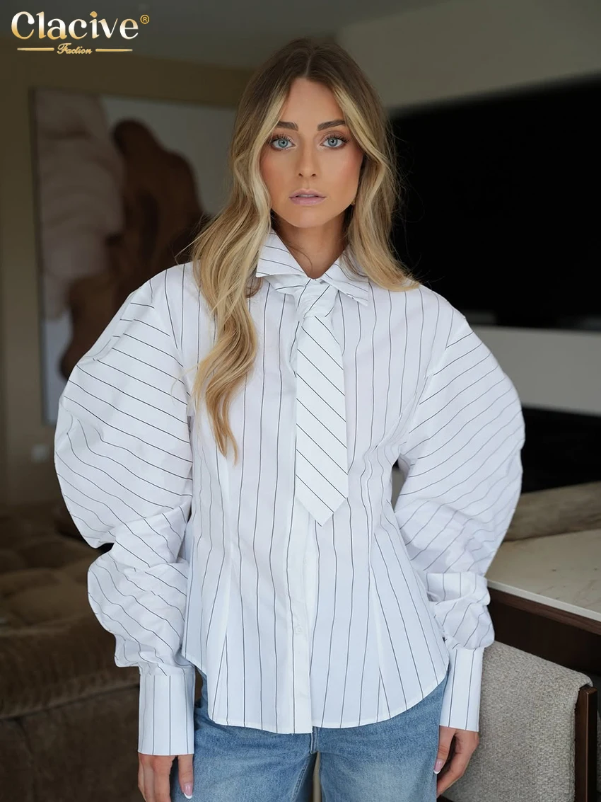 

Модная женская блузка Clacive с принтом в полоску, повседневная рубашка с отложным воротником и длинным рукавом, элегантный классический топ с завязками, женская одежда 2026