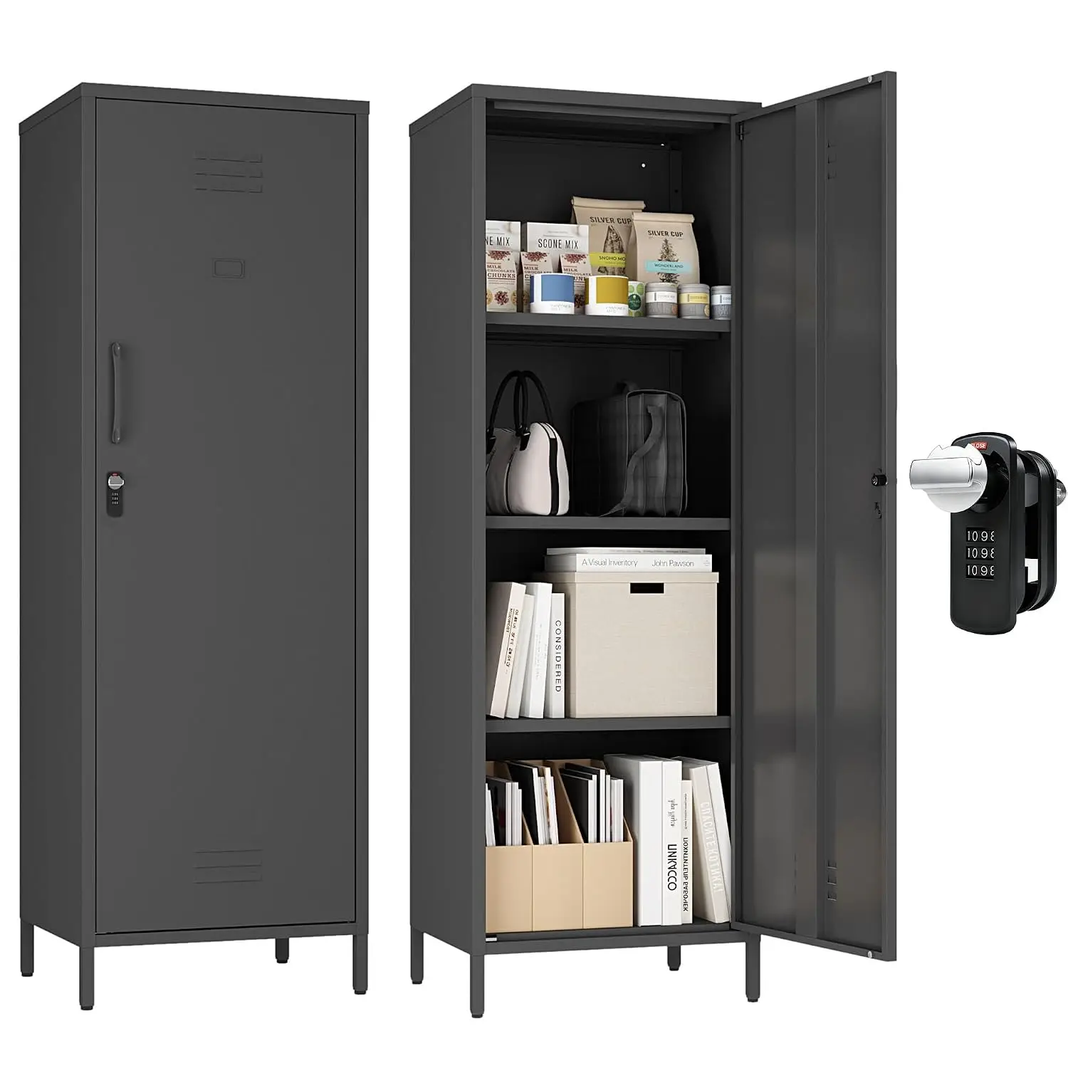 Metal Locker Cabinet with Lock & 3 Shelves, Steel Storage Cabinet for Home Office School Garage, H59.06