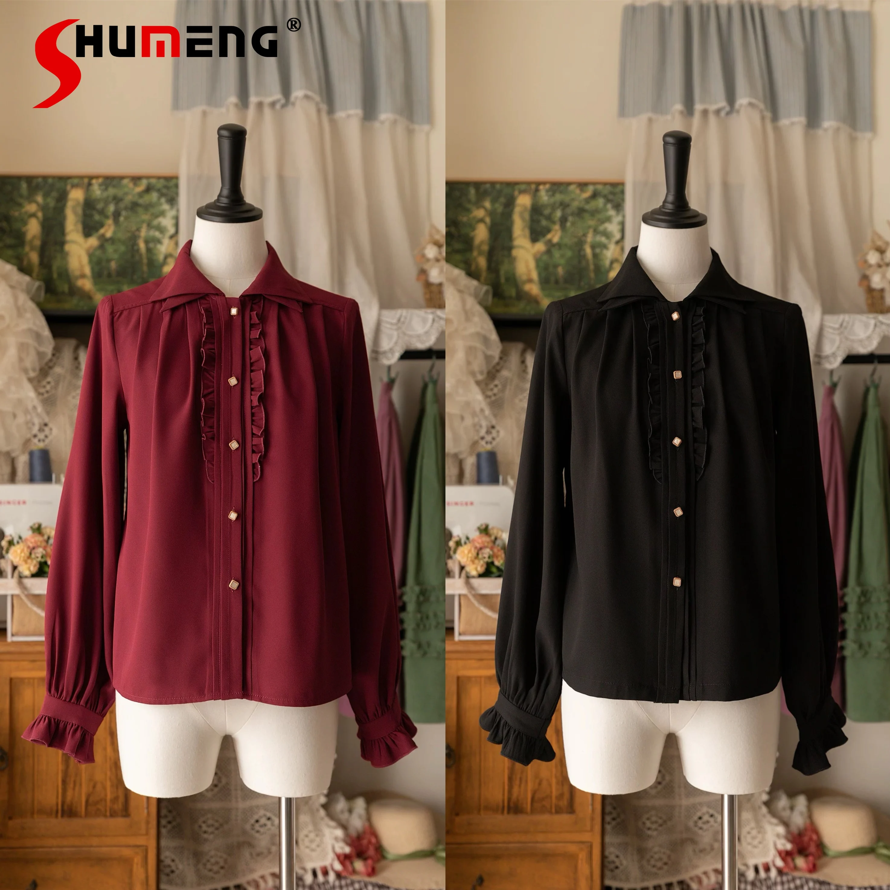 

French Elegant Retro Long Sleeve Shirt Spring and Autumn Girls Women's Slim Fit Lolita Blouses Female Cla Top Camisas De Mujer