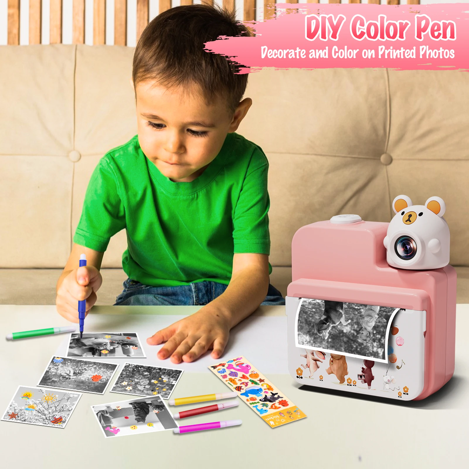 Gofunly Fotocamera istantanea per bambini da 3,0'' con scheda 32G e 3 carta da stampa, fotocamera per bambini HD 1080P Stampa istantanea per 6-12 anni