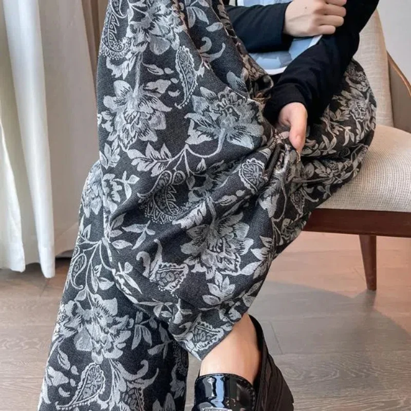New Slimming Elastic Waist Flower Print Casual Wide Leg Floor Mopping Pants