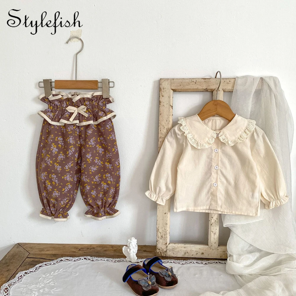 Autumn new style 0-3 years old baby clothing fashionable baby girl fungus border doll collar top + floral pants