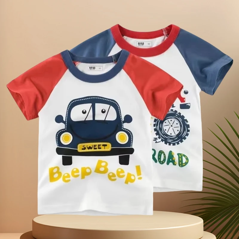 2025 Summer New Boys Cartoon Car T-Shirts Children's Short Sleeve O-Neck Cotton Tops Tees Kids Clothes 2-10Years Dropshipping