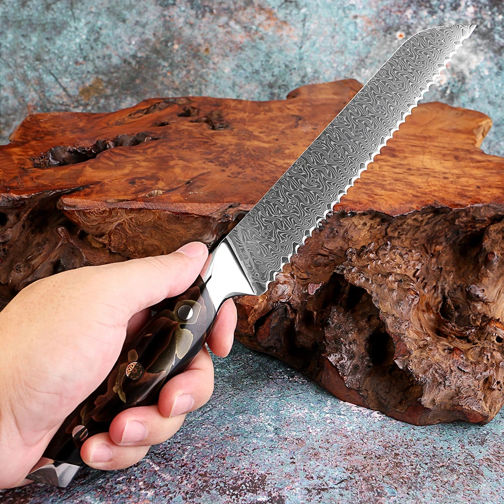 

Острый кухонный нож для хлеба, 8-дюймовый зубчатый нож из дамасской стали, для домашнего хлеба, пакетов, тыквы, ручки из медной платиновой смолы