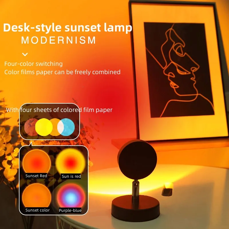 Sunset Lamp Atmosphere Light Bedside Lamp Photography Fill Light, Bedroom Lamp Sunset Projection Lamp Pole Spotlight