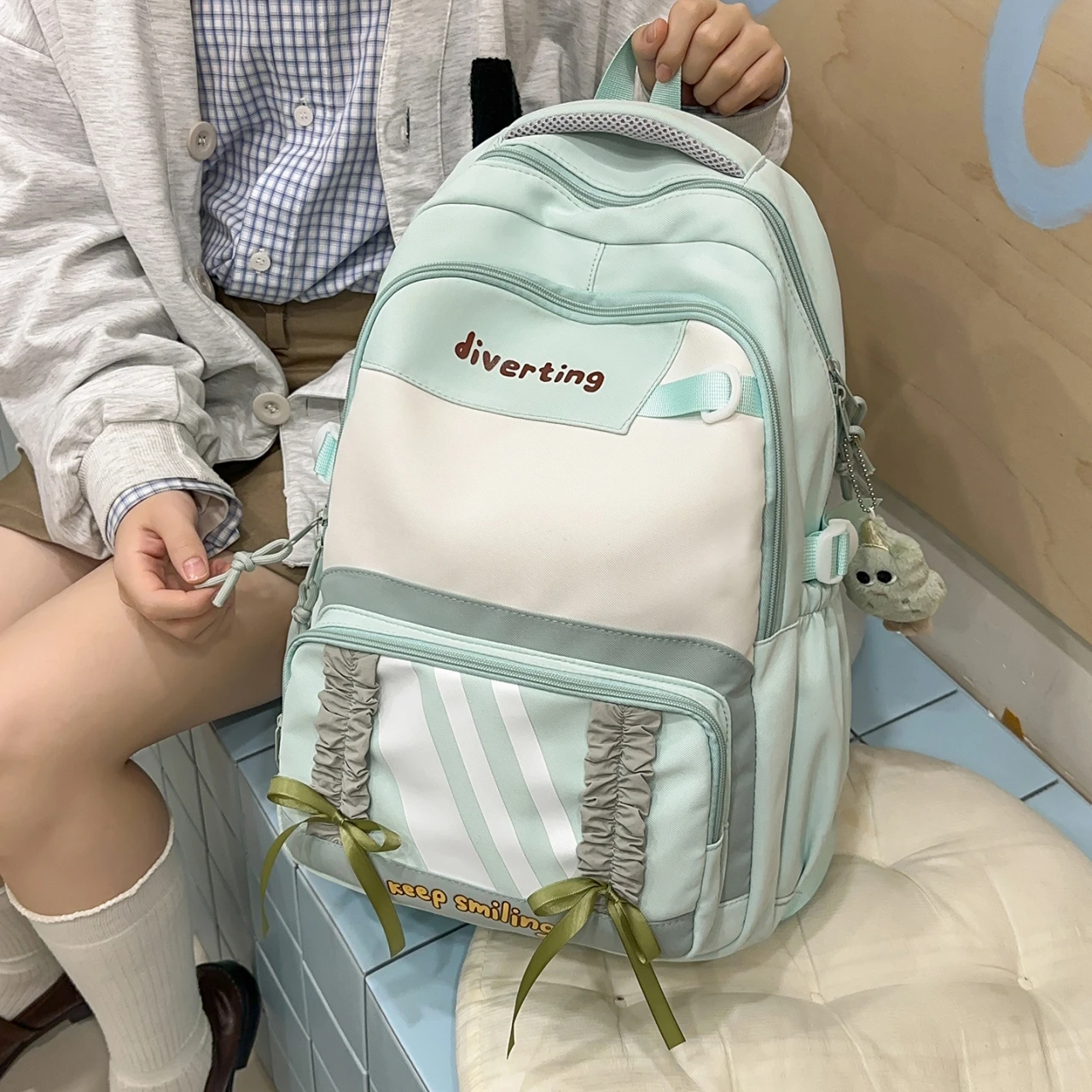 2025 Kawaii Striped Backpack for Girls Ruffle Bow Decor Letter Print School Bag Large Capacity Casual Travel New Trend Backpack