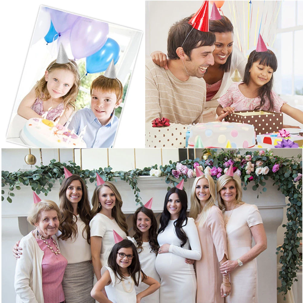 

12PCS Birthday Hats for Kids Adults Crown Glitter Cone Toddler naments Design Ribbon