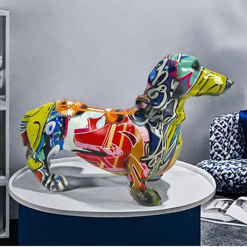 

Resin Dog Statue Table Accessories Graffiti Dachshund Figurines Interior Living Room Cabinet Desk Decoration Creative Sculptures