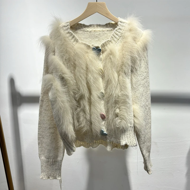 2025年 ガールズ ラブリーハートボタン 本物の狐の毛皮セーター 天然毛皮 キュートなニットジャケット
