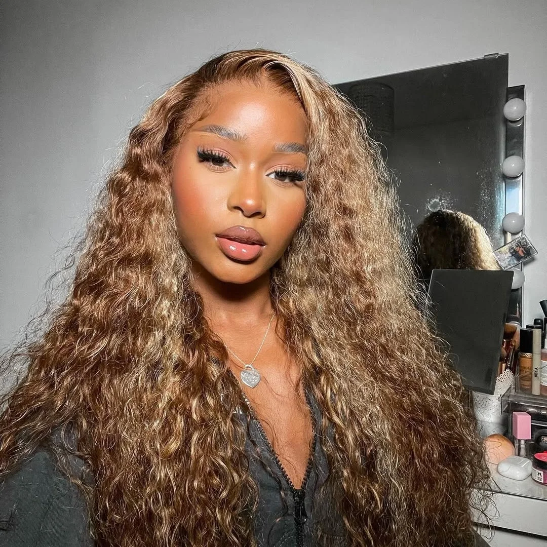 

13×4 Deep Wave Transparent Highlight Lace Front Wigs Human Hair Ombre 220 Density Honey Blond Pre Plucked Lace Frontal Wig 4/27