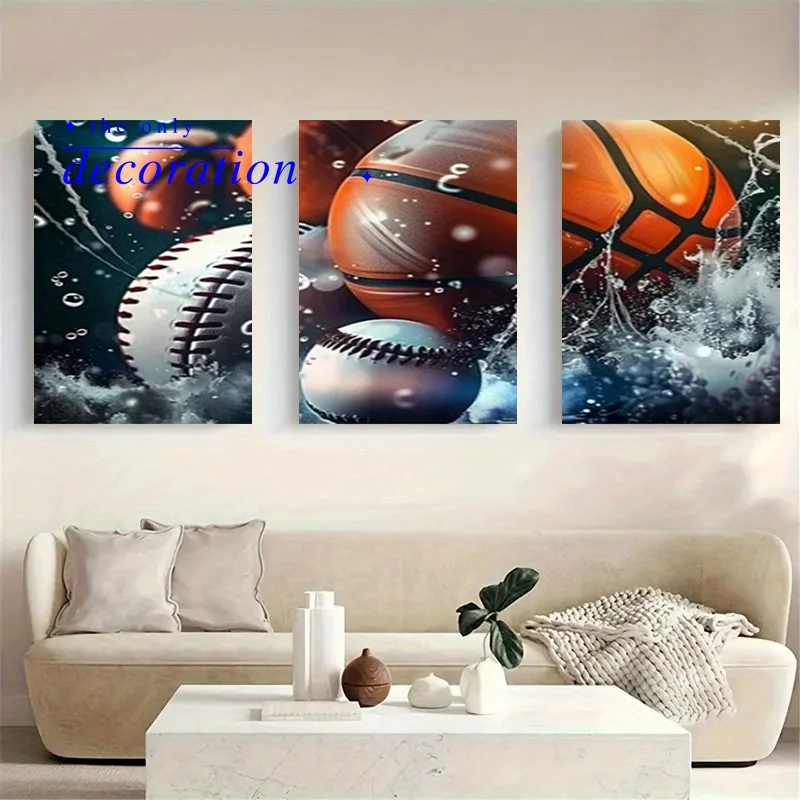 3pcs Dynamic Sports Ball Canvas Art Set with Wooden Frames - Vibrant Basketball & Baseball Designs, Abstract Wall Decor for L