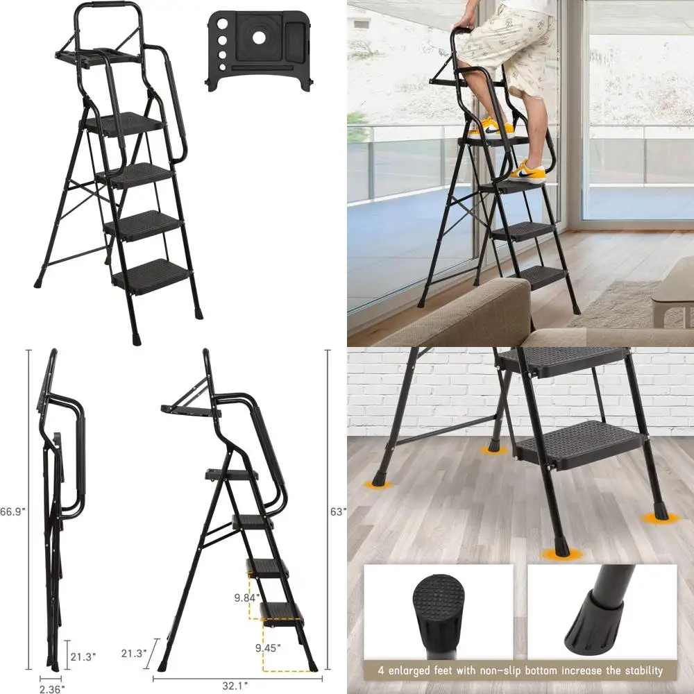 

Складная 4-ступенчатая лестница с поручнями и подносом для инструментов, емкостью 330 фунтов, портативная для взрослых.
