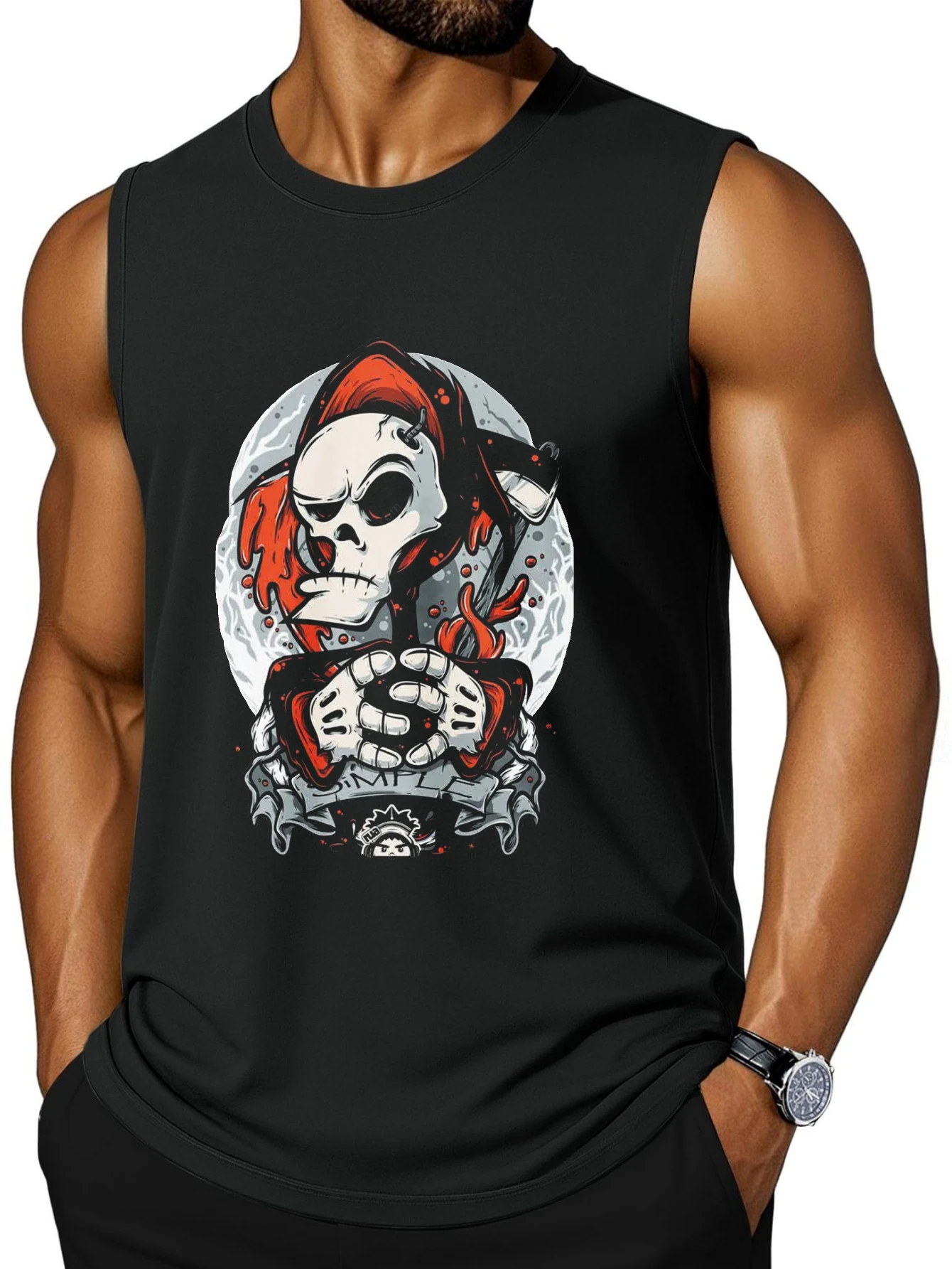 CLOOCL Skull Harvester Moon Blood Red Camiseta sin mangas con estampado rojo, camiseta deportiva sin mangas a la moda, camiseta informal de verano para hombre
