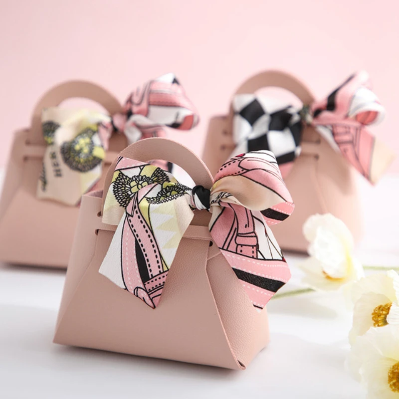 40pcs Easter Leather Mini Gift Bags With Bow Ribbon Packaging Bag Wedding Guest Favour Box Handbag Box Distributions Party Gift