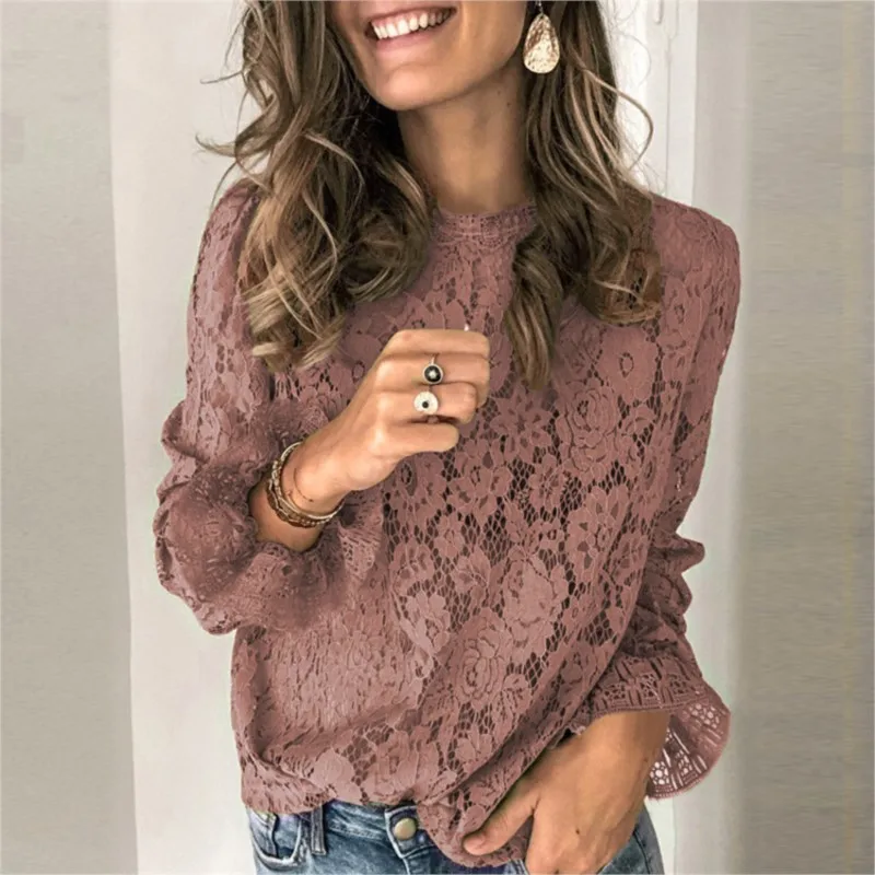 O Neck Floral Lace Blouses For Women Spring Autumn Elegant Flare Long Sleeve Blouse Shirts Sexy Women Hollow Mesh Blusa Tops