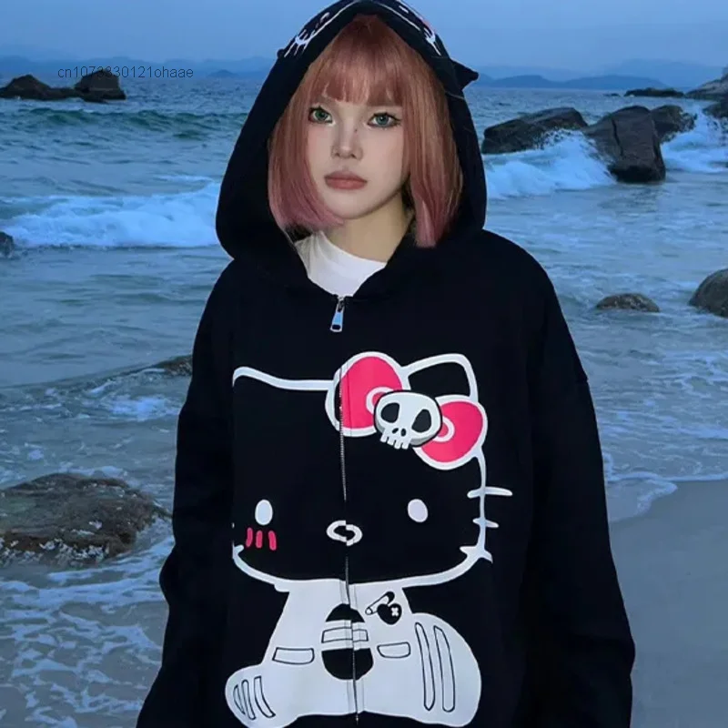 Sanrio Gothic Hello Kitty Women Hoodies American Halloween Skull Printed Hot Sweet Girls Cardigan Loose Design Sense Sweatshirt