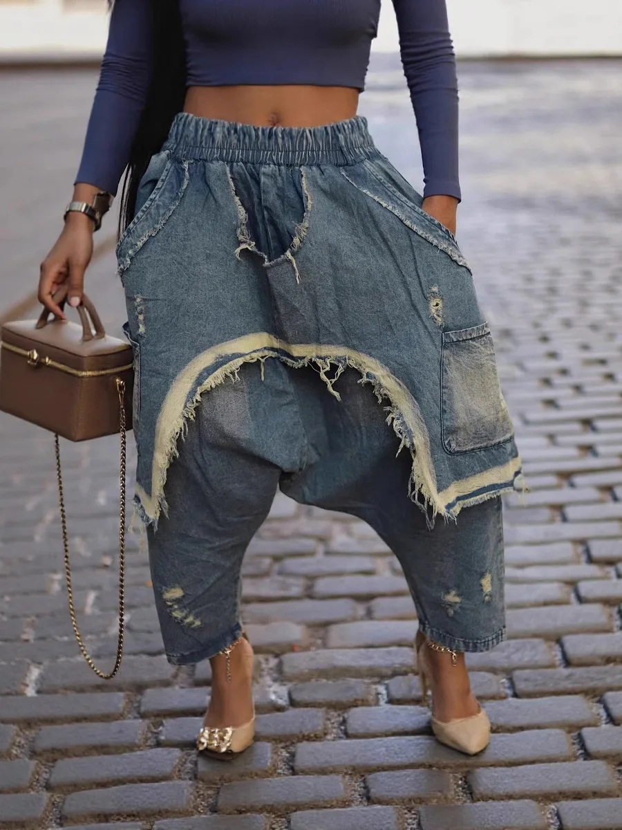

Women Denim Pants Fall Winter Fashion Ripped Distressed Mid Waist Harlan Denim Pants Streetwear Lady Casual Pocket Baggy Jeans