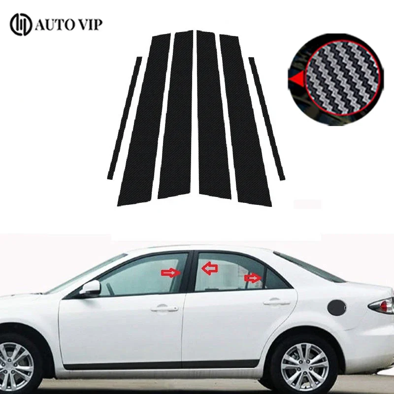 

6Pcs Door Window Pillar Posts Trim Covers Black Decoration Sticker Exterior Part for Mazda 6 Sedan Pre-facelift fibre 2003-2007