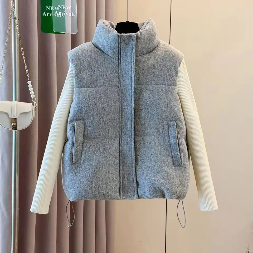 Autumn Winter Gray Cotton Vest Women Thick Warm Sleeveless Coat Outerwear 2025 New Chic Stand-up Collar Cotton Padded Waistcoat