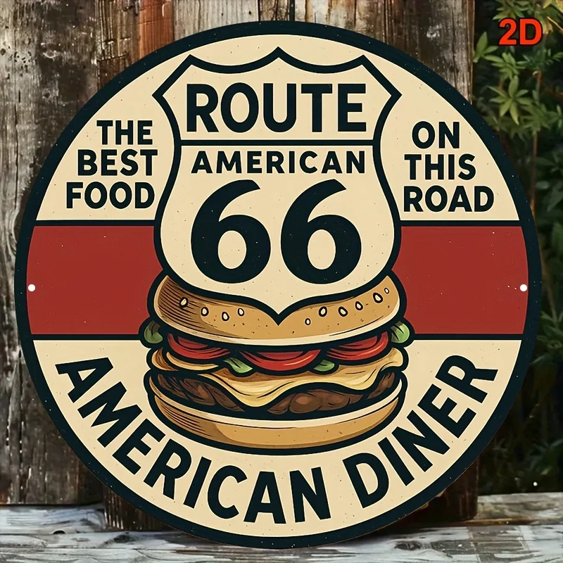 2D Flat - 1pc Vintage Route 66 Hamburger Aluminum Sign - 20.32x20.32 cm Round Retro Wall Art with Classic Burger Design, Durable