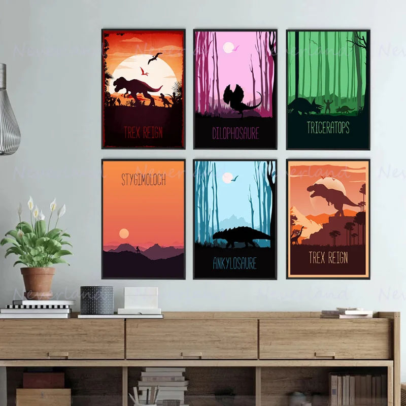 Cartoon Sunrise Velociraptor Spinosaure Dinosaur Animal Poster Canvas Painting and Print Wall Art Picture for Kidroom Home Decor