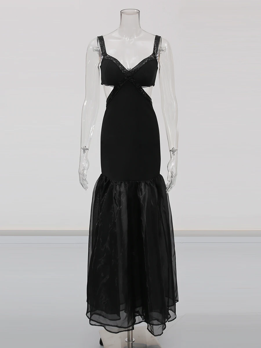 CHICEVER vestido largo de noche Formal para mujer, cuello oblicuo, hombros descubiertos, cintura alta, recortes, malla de retales, vestidos elegantes para mujer