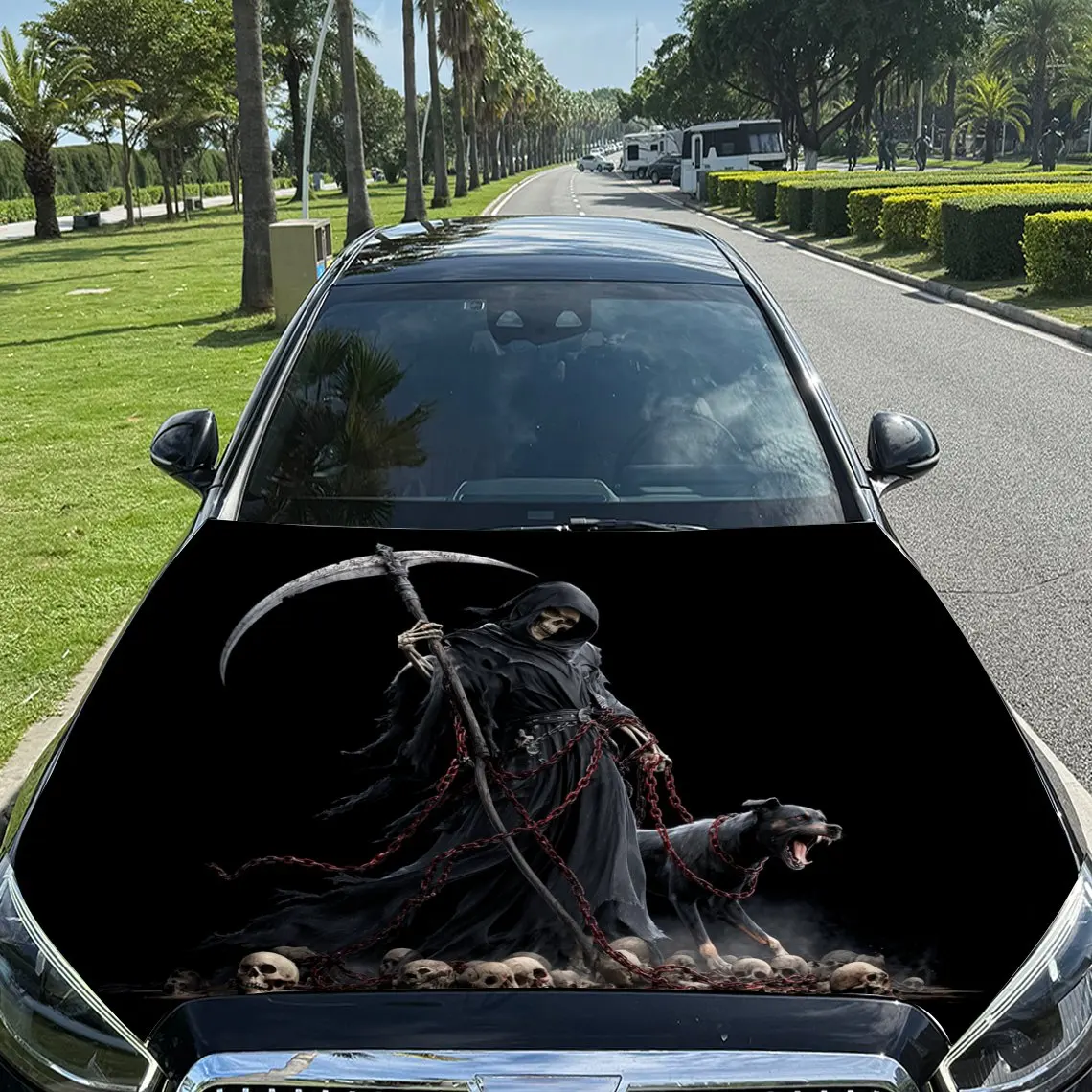 

Grim Reaper, цепочки и виниловая пленка для автомобиля Black Dog, водонепроницаемая наклейка на капот автомобиля из ПВХ, самоклеящаяся устойчивая к царапинам наклейка