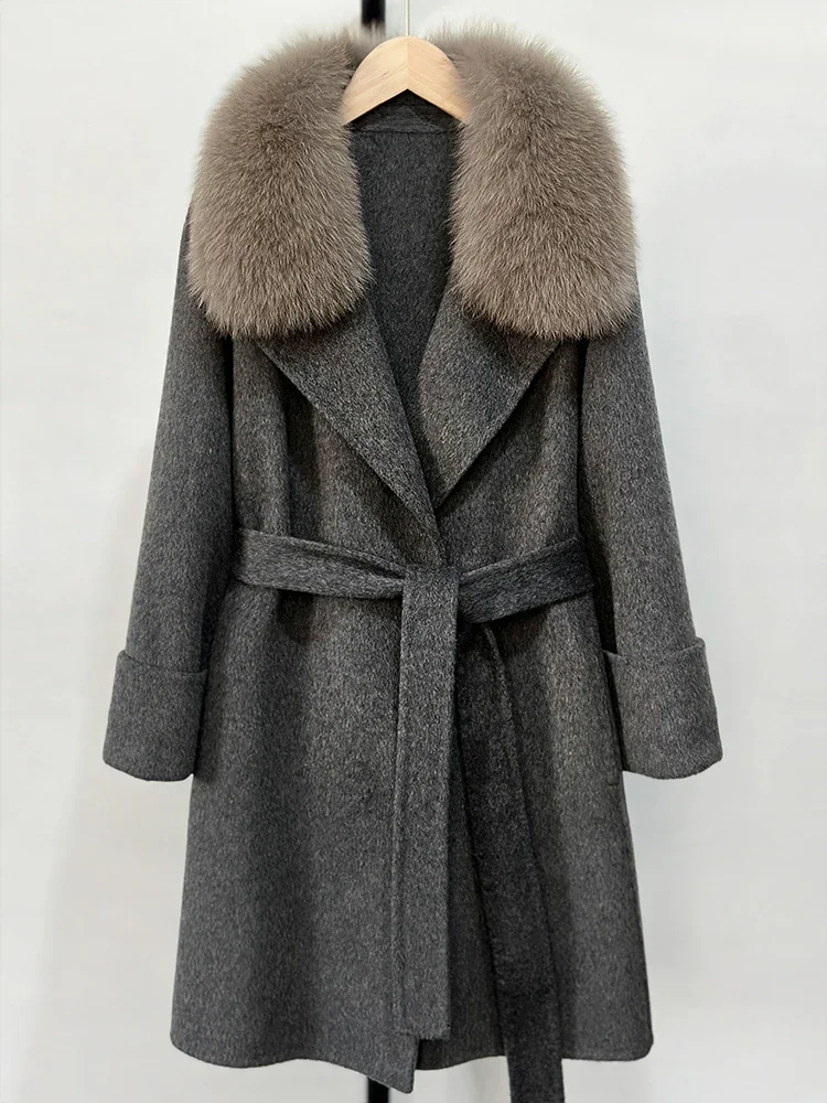 Nouveau manteau en laine mélanges pour femmes mode femme luxe veste en laine de cachemire 2025 automne hiver chaud col de fourrure de renard naturel