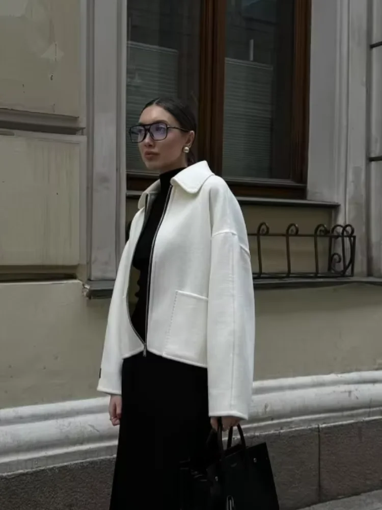 Giacca corta in lana corta con cerniera solida da donna elegante Cappotto corto con tasca a maniche lunghe con risvolto alla moda Capispalla