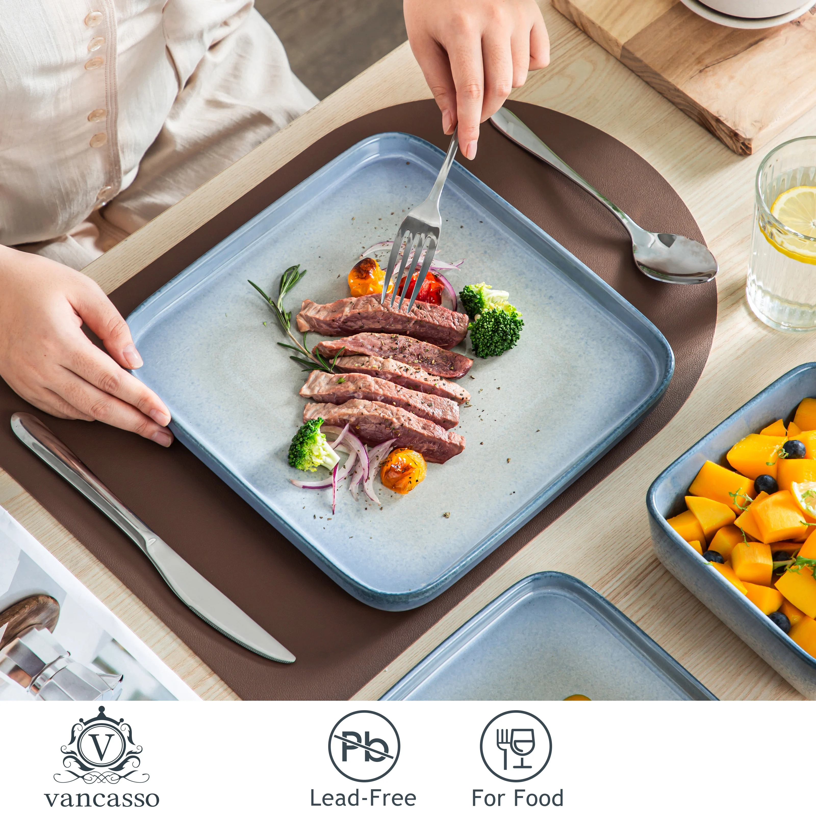 أطقم عشاء مكونة من 12/24 قطعة من فانكاسو طقم أواني حجرية باللون الأزرق والوردي مع طبق عشاء/لوحة حلوى/حساء/وعاء خدمة لـ 4/8