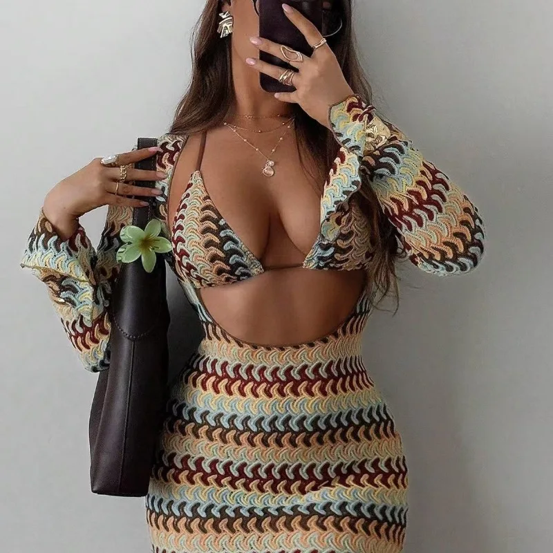 The new dress is sexy off-shoulder, fitted bikini, and a beach skirt with an open back