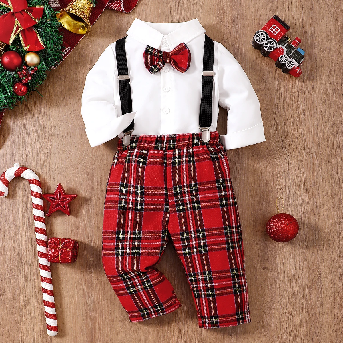 2Pcs Christmas Baby Boy Outfit Set Plaid Shirt + Suspender Pants + Bow Tie Autumn Formal Infant Clothes 2-3 Years