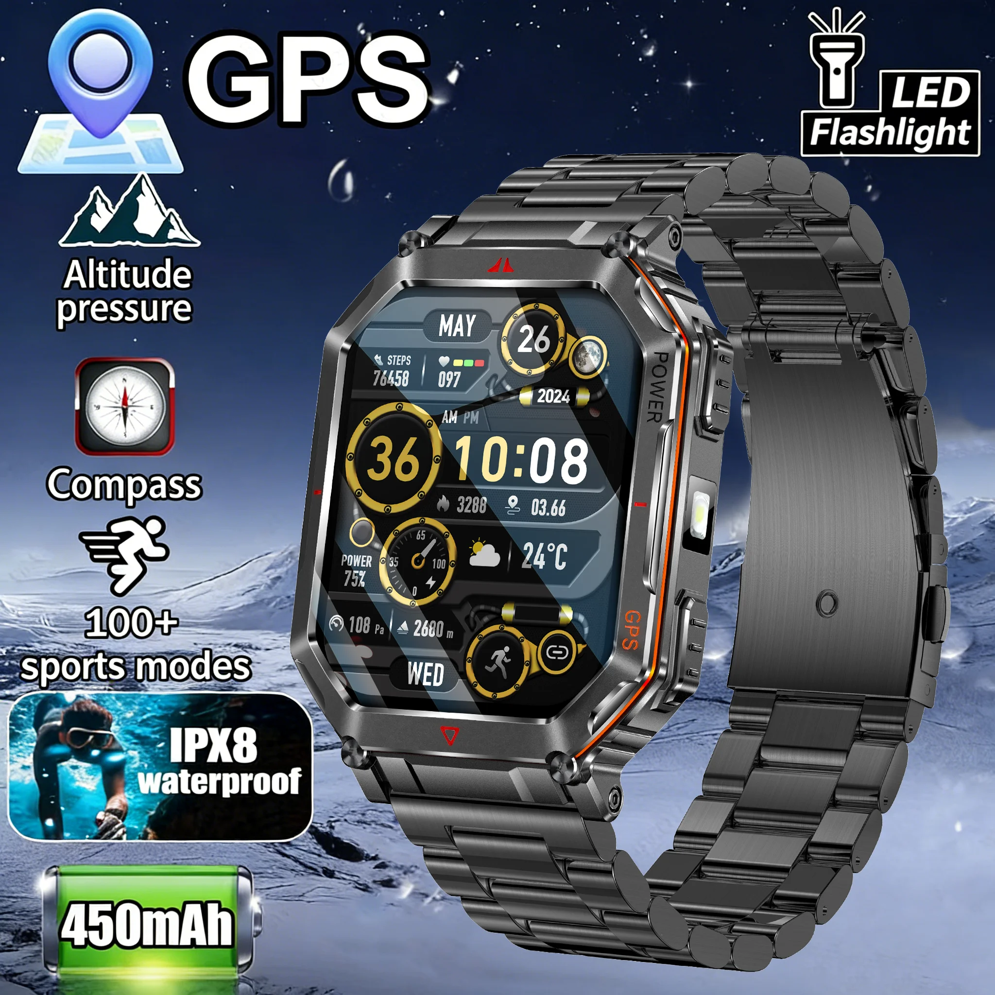 

2025 New Men Sports Smart Watch GPS AMOLED Heart Rate Monitoring LED Flashlight NFC Bluetooth Call 3ATM Waterproof Smartwatches