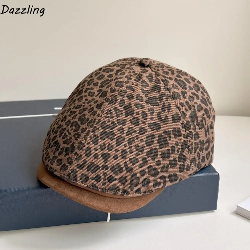 

Fashion Vintage Leopard Print Beret Y2k Flat Leopard Newsboy Cap Classic Versatile Painter Cap Streetwear