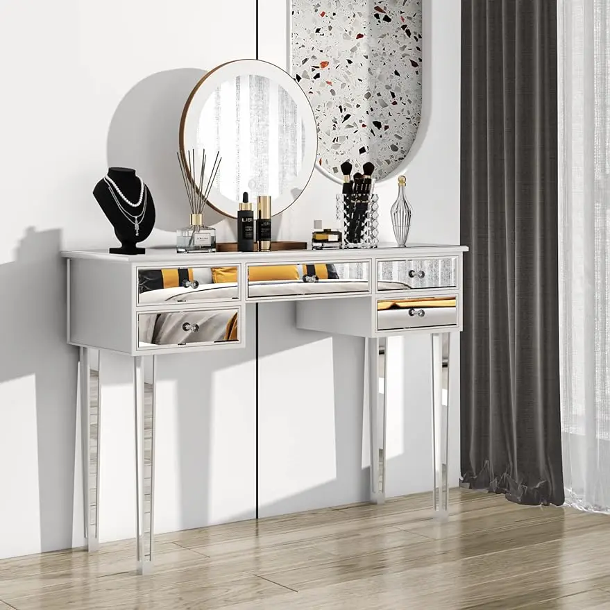 

Mirrored Vanity Desk with Drawers for Bedroom Silver Sofa Table Modern Console Table for Entryway/Foryer/Bedroom, Silver