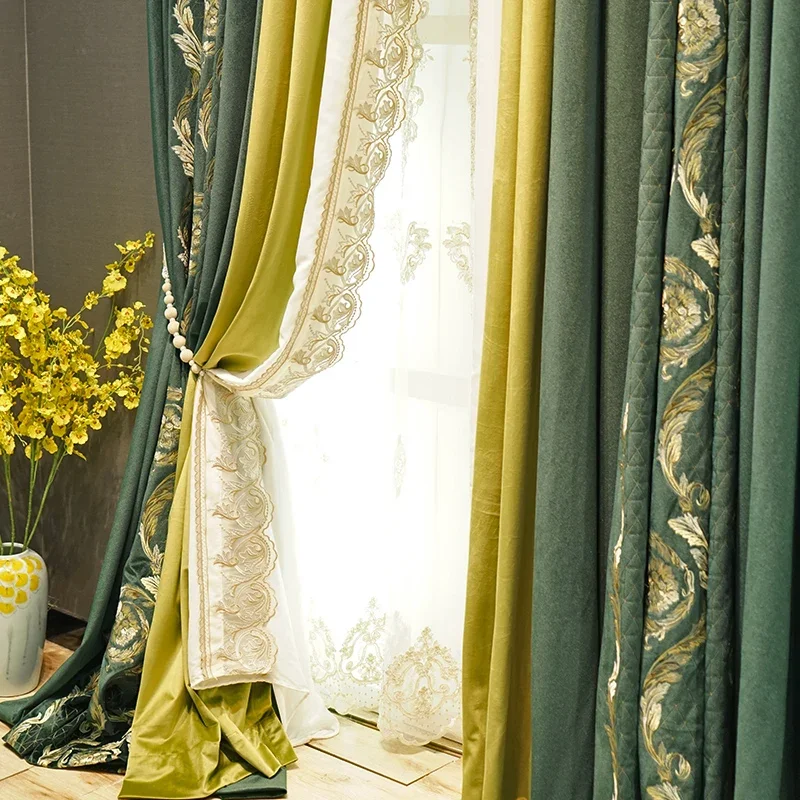 American High-end Ink Green Tree Leaf Embroidery Velvet Curtains for Living Room Bedroom Villa French Window Customized Valance