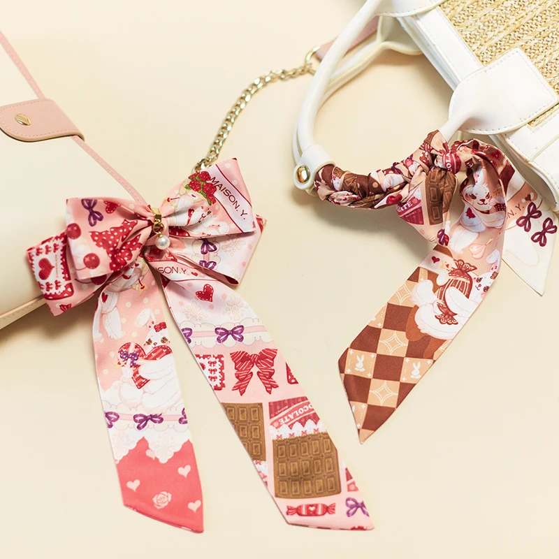 

French Long Silk Scarf Retro Bag Handle with Streamer Bag Handle Scarf