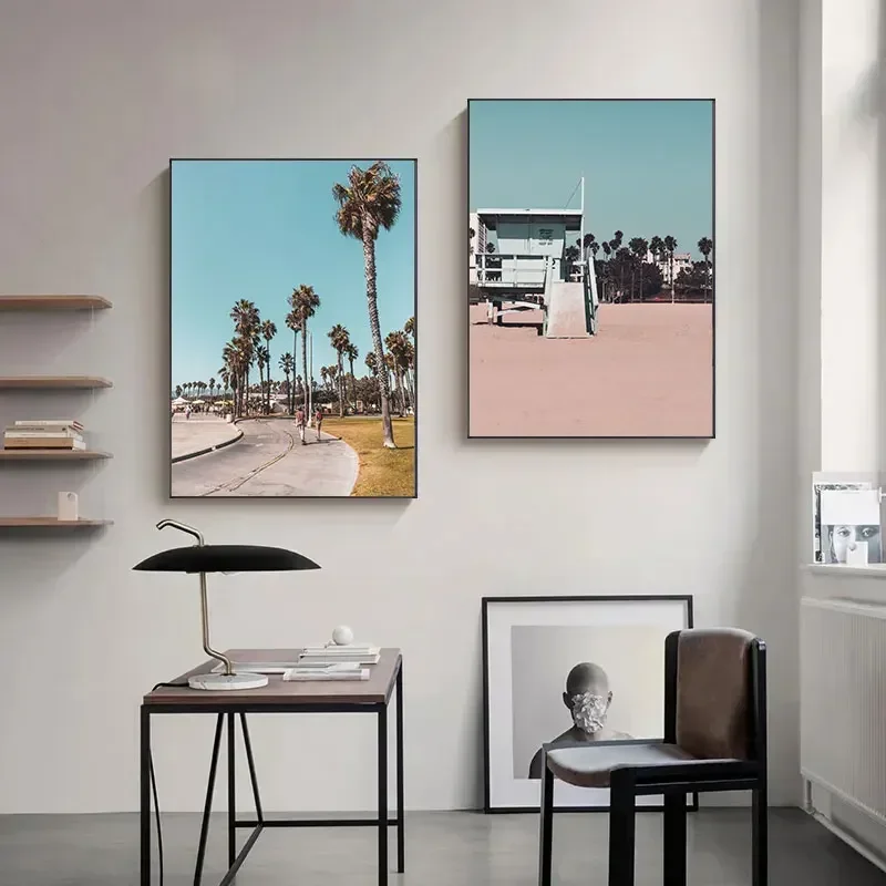 AZNM Retro California Beach Palm Tree Wall Art Canvas Print Unframed Vintage Los Angeles Lifeguard Tower Scenery Poster For Livi