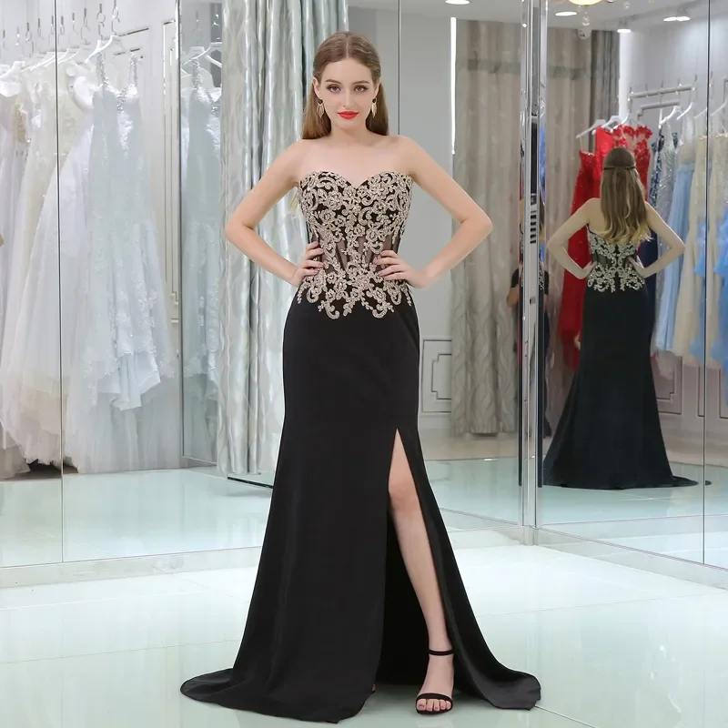 Sexy Black Evening Dresses Exposed Prom Gowns Sweep Train Side Split Long Prom Dresses Applique with Beading Party Dresses 2024