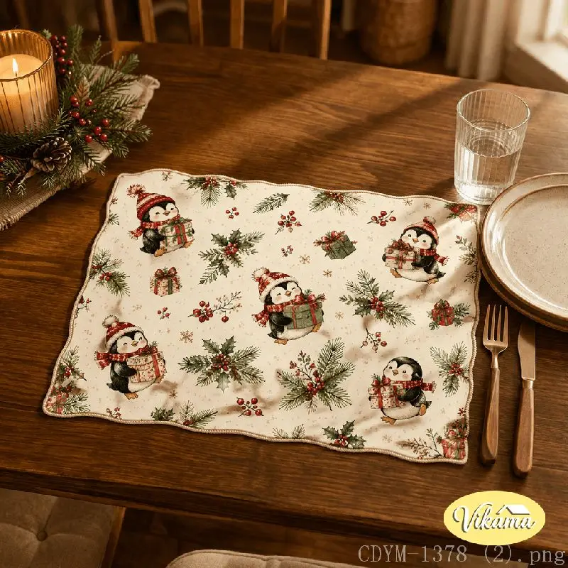 VIKAMA Christmas Polar Bear Penguin Placemat Sled Gift Table Mat Dining Kitchen Holiday Home Decor Aesthetic Art Large Premium