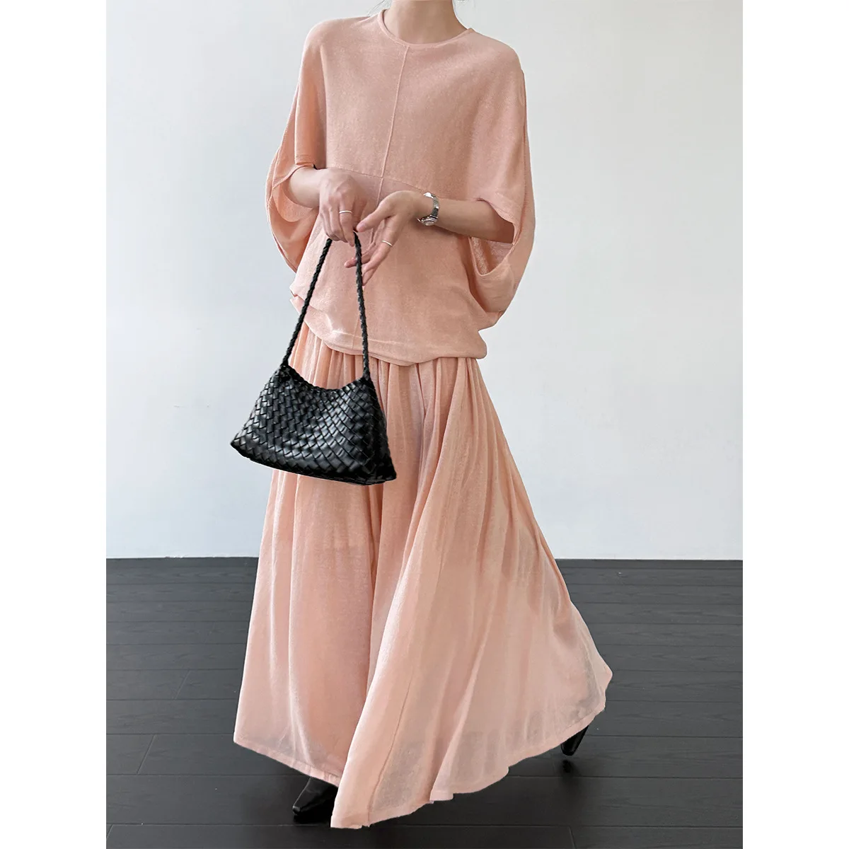 

Women Two Piece Sets Skirt Set Round Neck Bat Sleeve Tops Long Skirts A Line High Waist Y2k Streetwear Elegant Work Casual 2026