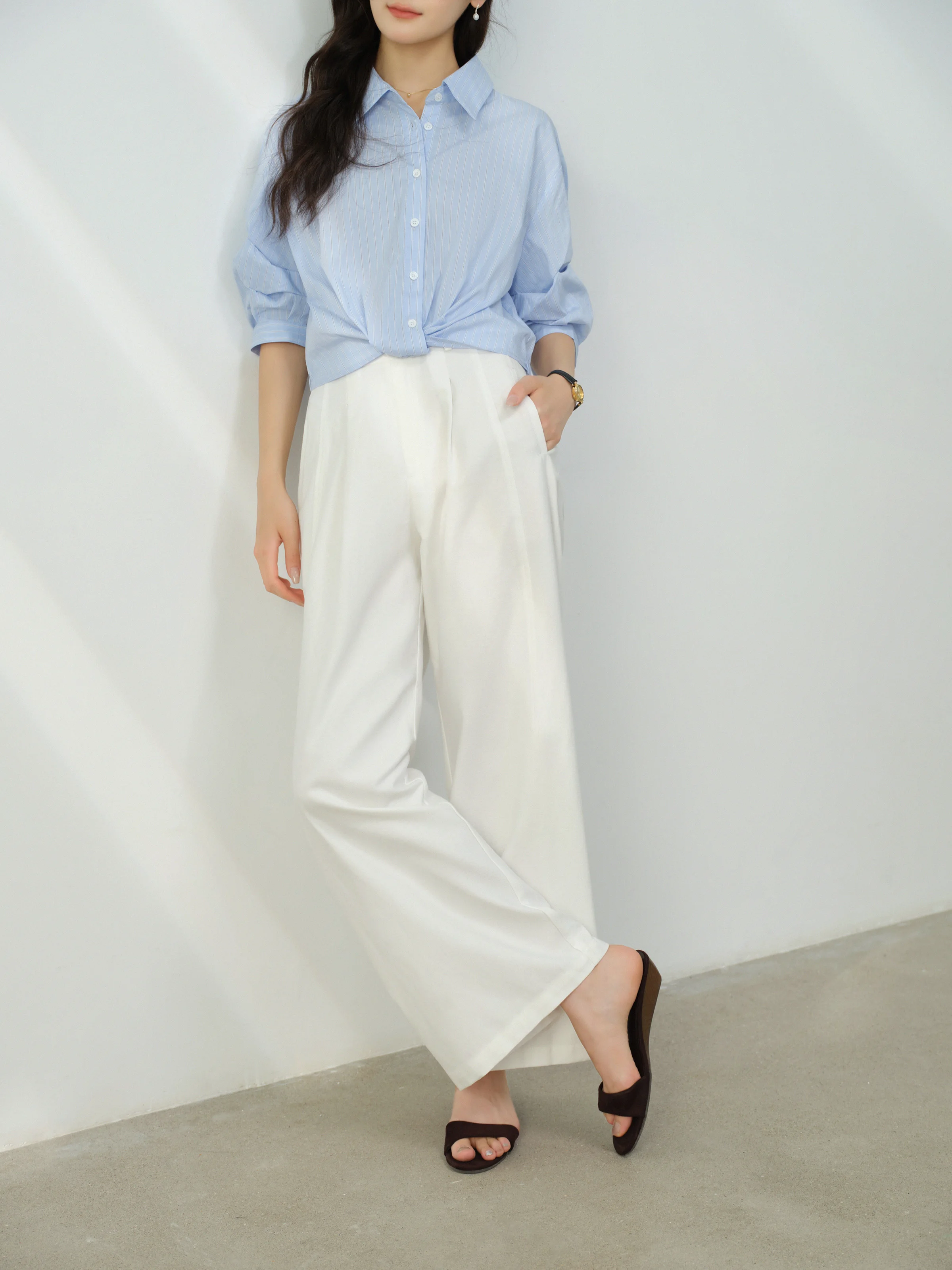 Elegant Blue Striped Shirt Half Sleeve Knot Design Blouse Summer Casual Button Down Top Women Office Chic Fashion Street Wear