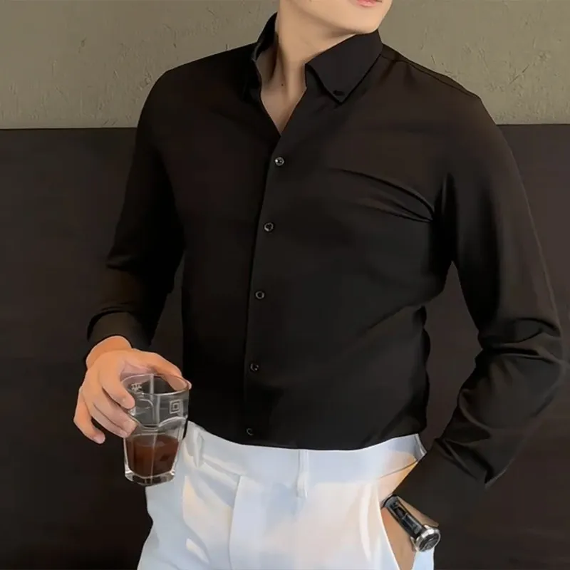 

Мужская черная приталенная повседневная рубашка с длинным рукавом из дышащего комфортного полиэстера, бамбукового угольного волокна и эластичного полиуретана