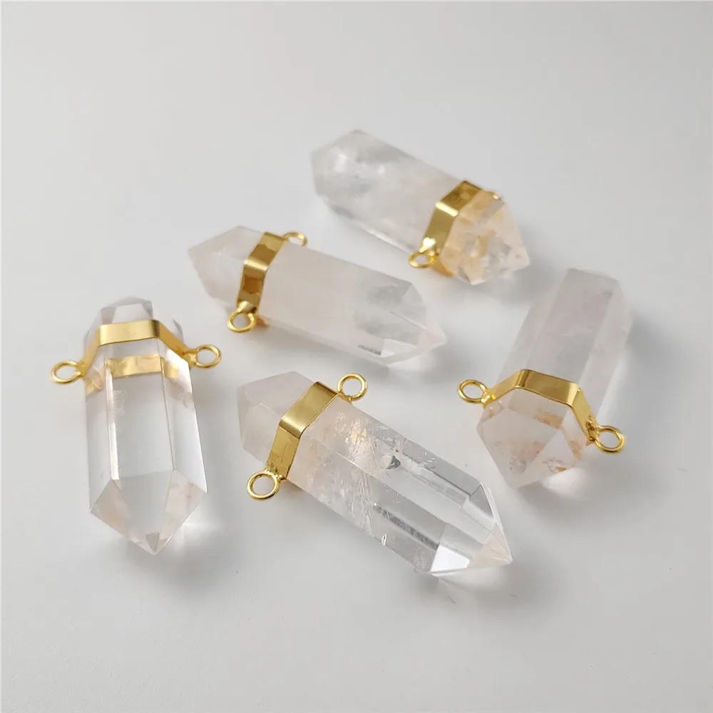 FUWO Wholesale Natural Clear Quartz Pendant,Handmade Double Point Healing Crystal Accessories For Necklace Making PD452 5Pcs/Lot