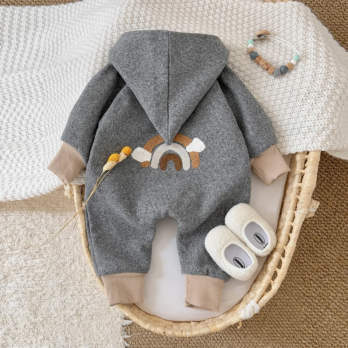 Baby Boys Woolen Jumpsuits Newborn Girls Hooded Rainbow Printed Rompers Winter Warm Bodysuit Clothes